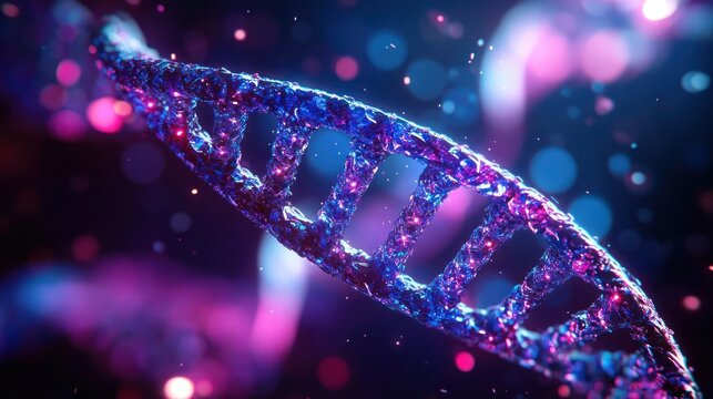 Glowing crystalline DNA double helix twisting through neon blue and purple space with sparkling particles, evoking futuristic wonder and scientific awe