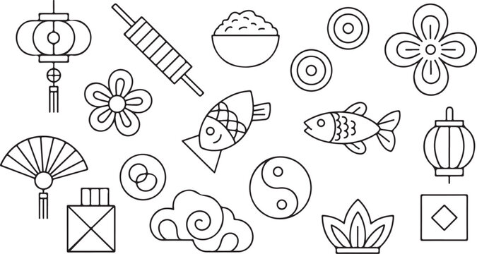 Various traditional Chinese symbols feature black outline drawings of lucky fish, flowers, cloud and lanterns