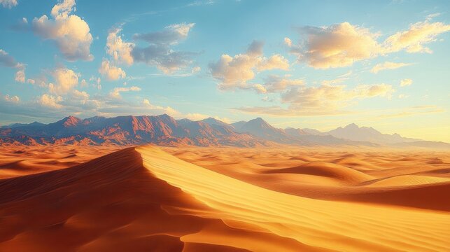 Sunlit golden sand dunes stretching toward distant mountains under a blue sky with fluffy clouds, evoking serene solitude and vast desert tranquility - Powered by Adobe