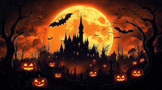 silhouetted haunted castle under a giant glowing full moon above a foggy graveyard with glowing jack-o'-lanterns, bats, twisted bare trees and an eerie ominous night atmosphere