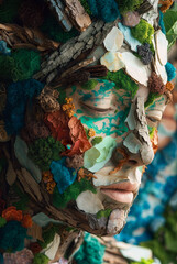 Conceptual Portrait Composed Of Tree Bark Moss Lichen And Petals Representing Ecology In Textural Assemblage.
