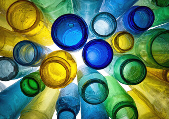 Colorful glass bottles arranged close, viewed from underneath