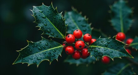 Holly Branch in Focus: A detailed view of a vibrant holly branch, adorned with glossy green leaves and a cluster of bright red berries, symbolizing holiday season.