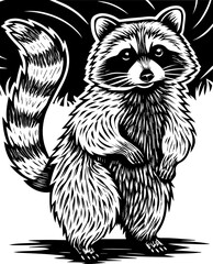SVG cute Merry Christmas and Happy New Year design. Curious Raccoon Stands Upright in Detailed Black and White Illustration