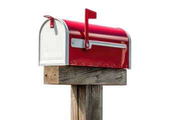 Red/white mailbox sits atop weathered wooden post