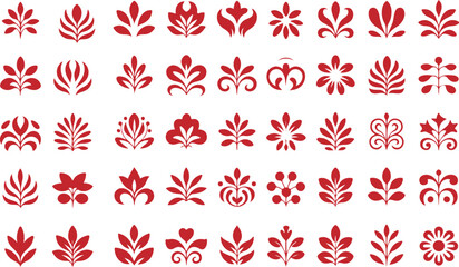 Elegant collection of stylized red floral ornaments offer diverse designs on a seamless white backdrop