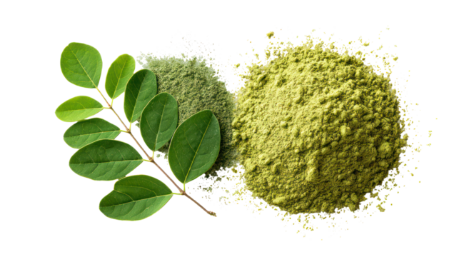 Natural moringa leaves and finely ground moringa leaf powder on transparent background