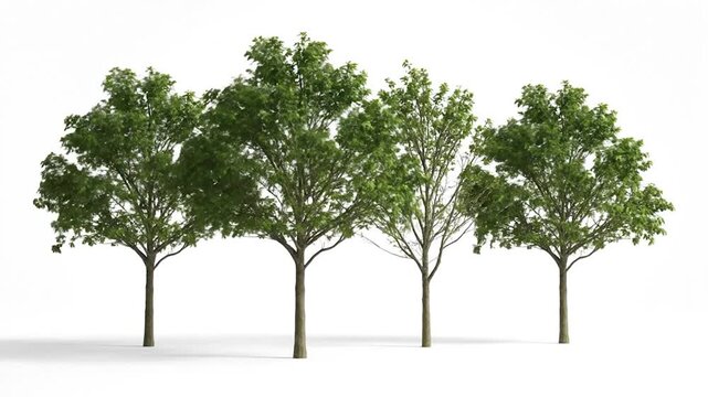 Row of four young trees with green leaves against a white background