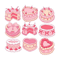 Vintage Cake Collection Vector, Hand Drawn Preppy Valentine Cake Doodle, Girly Coquette Cakes Love Vibes Hand Drawn Design Vector