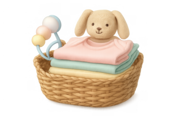 Baby gift basket showing a soft stuffed bunny, rattle, and stack of folded clothes, offering a thoughtful present for newborns