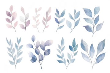 A collection of delicate watercolor leaves in soft pastel hues. various botanical shapes and sizes. perfect for design projects. backgrounds. or nature-themed artwork
