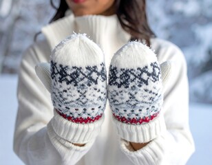 A woman holds patterned winter mittens outdoors, wearing a white sweater and background shows snowy forest