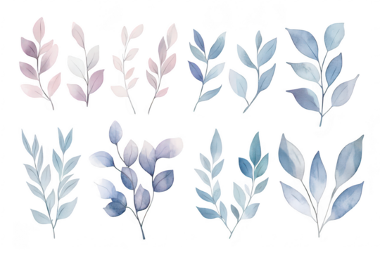 A collection of delicate watercolor leaves in soft pastel hues. various botanical shapes and sizes. perfect for design projects. backgrounds. or nature-themed artwork