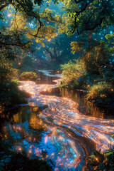 Winding River Of Streaky Bioluminescence Flowing Through A Dense Sunlit Ethereal Fantasy Forest Landscape.