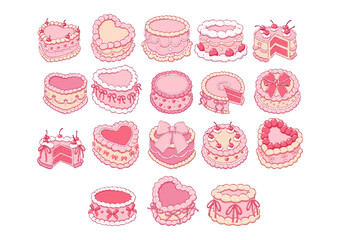Vintage Cake Collection Vector, Hand Drawn Preppy Valentine Cake Doodle, Girly Coquette Cakes Love Vibes Hand Drawn Design Vector