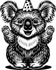 SVG cute Merry Christmas and Happy New Year design. Happy Koala Wearing Party Hat Illustration in Black and White Style