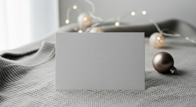 Festive Christmas card mockup with bokeh lights and ornaments on a cozy knitted blanket