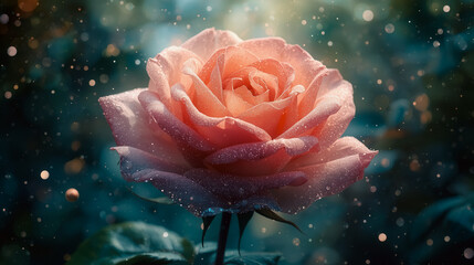 Beautiful Pink Rose In Full Bloom Covered In Luminous Dew Drops With Soft Bokeh Background.