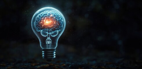 glowing glass light bulb containing an illuminated human brain above a dark bokeh-strewn ground, evoking creativity, inspiration and introspective wonder