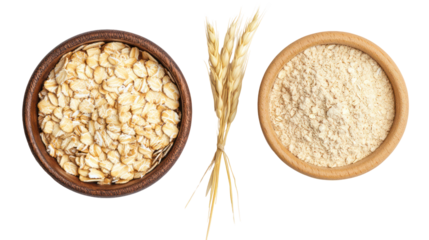 Oatmeal and oat flour in bowls with oat stalks isolated on transparent background