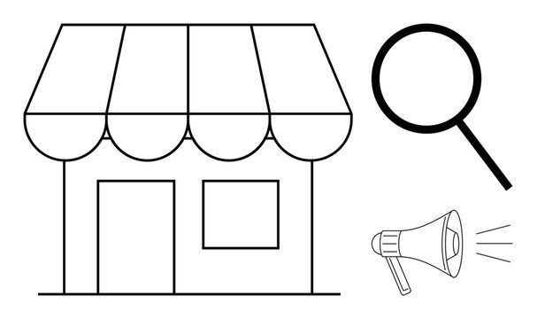 Small storefront with awning, large magnifying glass, and megaphone. Ideal for marketing, branding, advertising, search, sales online shopping startup strategies. Simple flat metaphor - Powered by Adobe