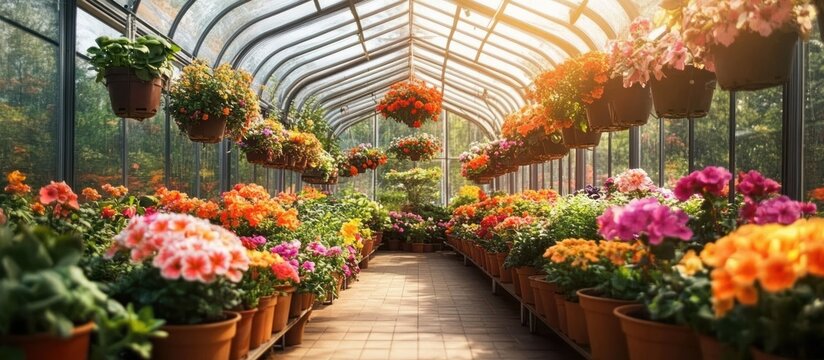 Sunlit arched glass greenhouse with a tiled central aisle, rows of potted and hanging colorful flowering plants and lush foliage creating a warm, cheerful, inviting atmosphere
