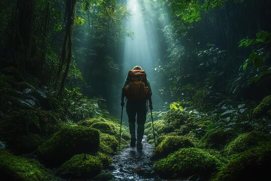 Solitary hiker with backpack and trekking poles walking a wet mossy forest path beneath sunbeams in a lush green rainforest, evoking peaceful adventurous wonder and mystery
