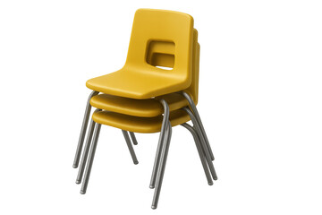 Stacked yellow plastic chairs with metal legs, storing furniture for school, classroom, event, or meeting spaces on transparent background