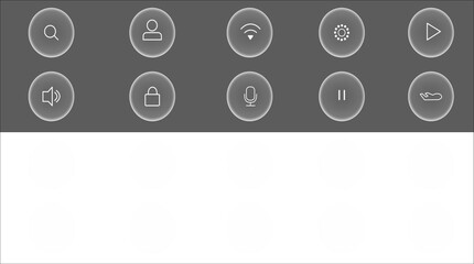 Set of essential outline UI icons for quick settings, control panel, or media player; symbols include search, user profile, WiFi, sound, lock, microphone, play, pause, and settings, perfect for modern