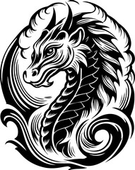 Obraz premium SVG cute Merry Christmas and Happy New Year design. Majestic Dragon Head in Bold Black and White Artistic Design