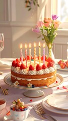 A beautifully lit scene featuring a birthday cake adorned with fresh berries and lit candles on a table set for a celebration