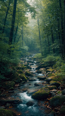 Winding Stream Cascades Over Moss Covered Rocks Through A Dense Misty Temperate Forest Landscape.