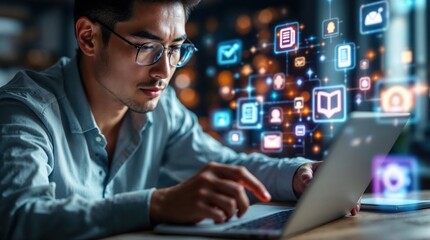 Digital Innovator at Work: An engaged individual, illuminated by the glow of a laptop screen, interacts with a cascade of digital icons.