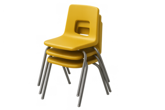 Stacked yellow plastic chairs with metal legs, storing furniture for school, classroom, event, or meeting spaces on transparent background