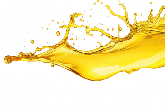 A splash of golden liquid against a pristine white background. capturing the dynamic movement of the liquid as it arcs and sprays. ideal for use in advertising or creative projects