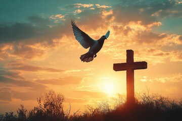 white dove flying beside a wooden cross at golden sunrise over silhouetted grasses, serene and hopeful sky conveying peace and reflection