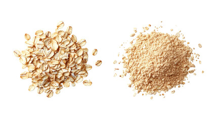 Two piles of oats and oat flour isolated on transparent background