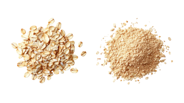 Two piles of oats and oat flour isolated on transparent background