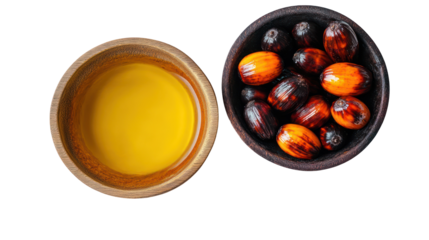 Natural palm fruit with palm oil in a bowl overhead side by side on transparent background