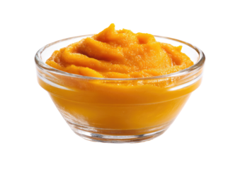 Smooth orange puree in a clear glass bowl, appetizing