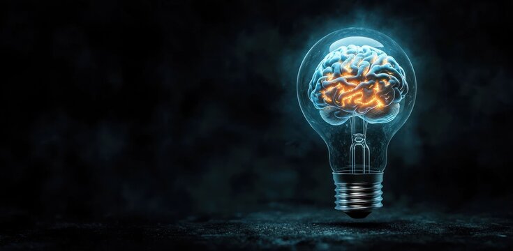 glowing glass light bulb containing a detailed human brain with illuminated neural pathways, floating above a textured surface in a dark smoky space, evoking innovation and insight