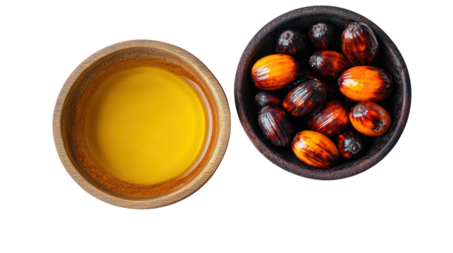 Natural palm fruit with palm oil in a bowl overhead side by side on transparent background