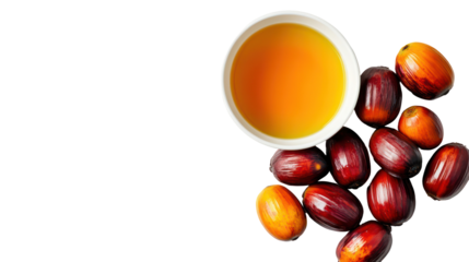 Natural palm fruit with palm oil in a bowl overhead side by side on transparent background