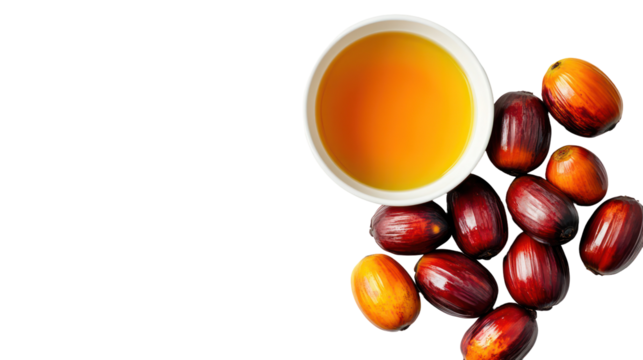 Natural palm fruit with palm oil in a bowl overhead side by side on transparent background - Powered by Adobe