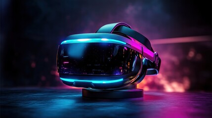 Futuristic virtual reality headset on stand glowing with neon blue and magenta lights, reflective visor showing city reflections in a moody immersive atmosphere