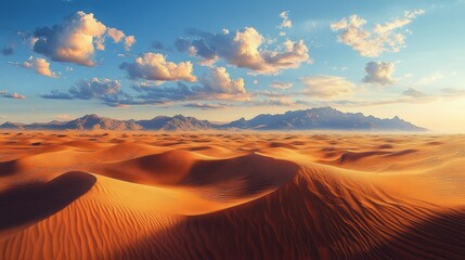 Golden sand dunes with rippled textures sweeping toward a distant mountain range under a blue sky dotted with fluffy clouds, conveying serene vastness and tranquil isolation