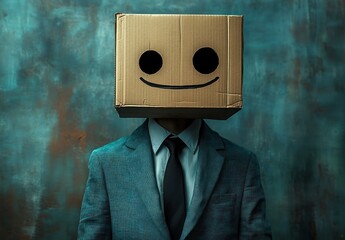 person wearing a suit and tie with a cardboard box over their head painted with round eyes and a smiling mouth, whimsical and mysterious portrait against a teal textured background