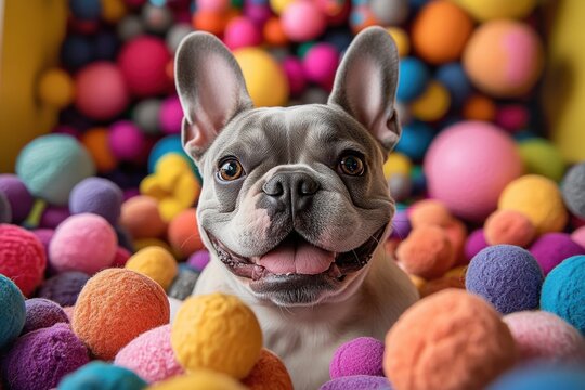 happy gray and white french bulldog puppy smiling in colorful ball pit - Powered by Adobe