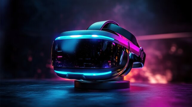 Futuristic virtual reality headset on stand glowing with neon blue and magenta lights, reflective visor showing city reflections in a moody immersive atmosphere - Powered by Adobe