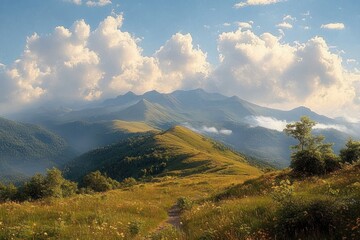 sunlit grassy ridge path through wildflower meadow toward misty distant mountain peaks under dramatic cloud-filled sky, serene and uplifting